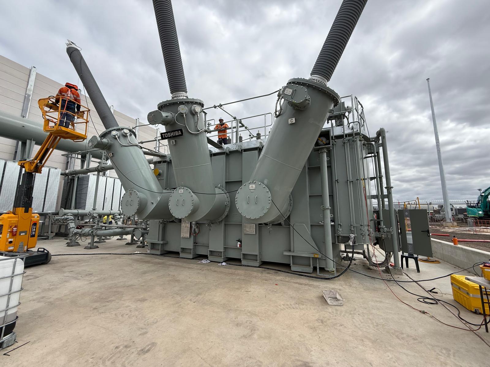 High-voltage transformer at a substation