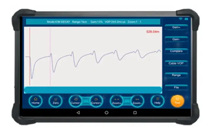 T-907 tablet display showing a TDR fault trace